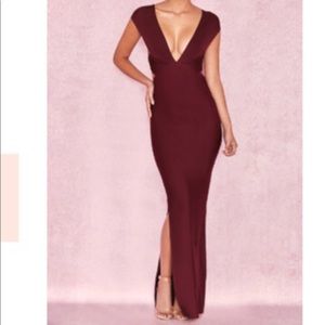 House of CB “Alissa” plum plunge neck bandage maxi dress XS